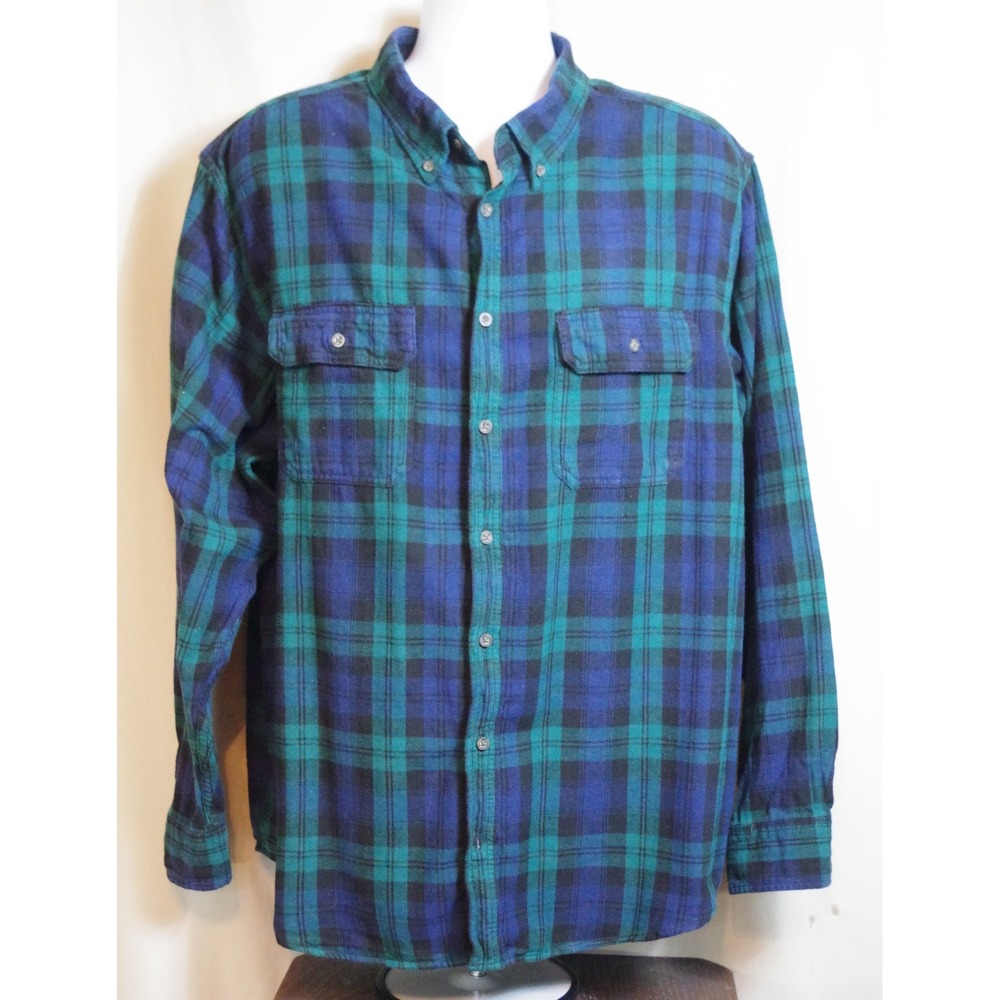 George‎ Men's 3XL Flannel Shirt Green Navy Blue Plaid Button-Down Cotton